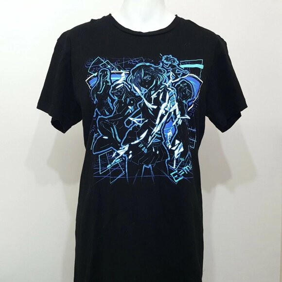 Anime Graphic Shirt Mens Medium Black Blue Lightning Manga Art Casual Tee Cotton - Picture 2 of 6